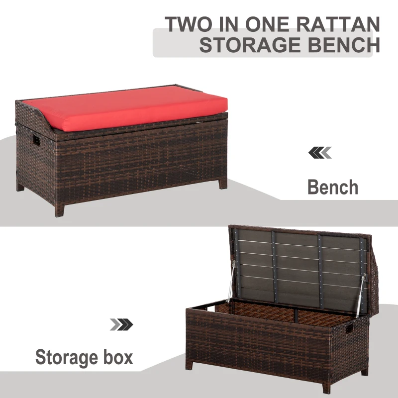 Outsunny 38 Gallon Outdoor Wicker Storage Bench Deck Box, PE Rattan Patio Furniture Pool Storage Bin Container with Interior Waterproof Cloth Bag and Comfortable Cushion, Red