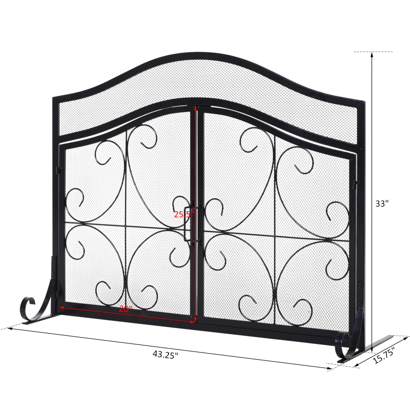 HOMCOM Safety Fireplace Screen Protector with Decorative Scroll Design, 2 Magnetic Doors and Steel Frame, 44" x 33", Black