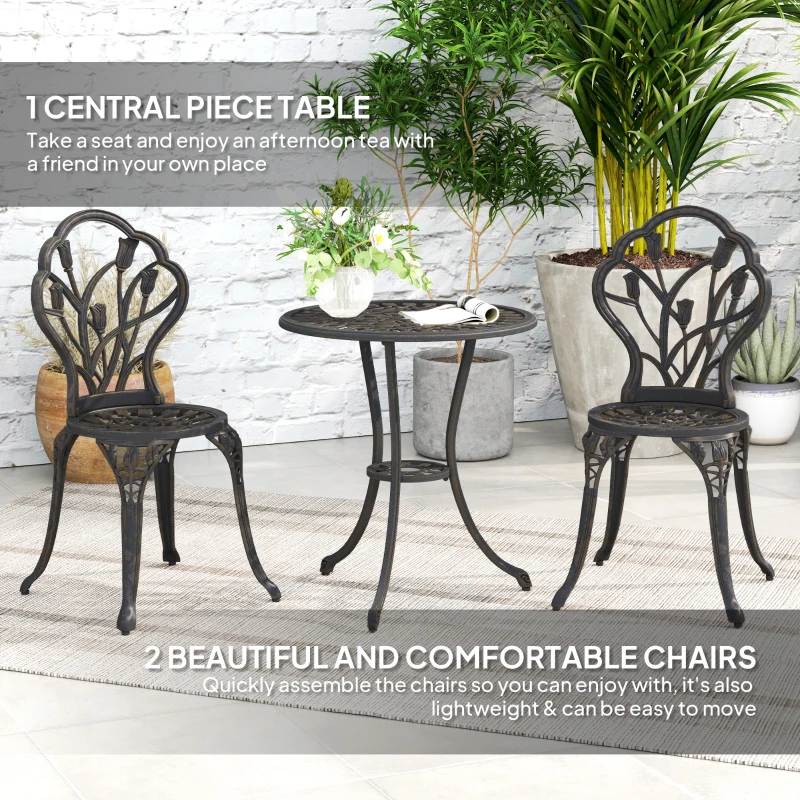 Outsunny 3PCs Patio Bistro Set, Outdoor Cast Aluminum Garden Table and Chairs with Umbrella Hole for Balcony, Bronze