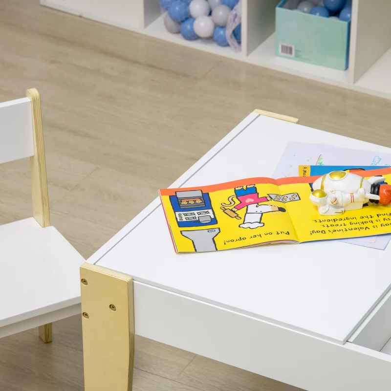 Qaba 3 Pcs Kids Table and Chair Set with Storage Under Tabletop, Activity Table and 2 Chairs, Kids Drawing Table for Playroom Furniture, White