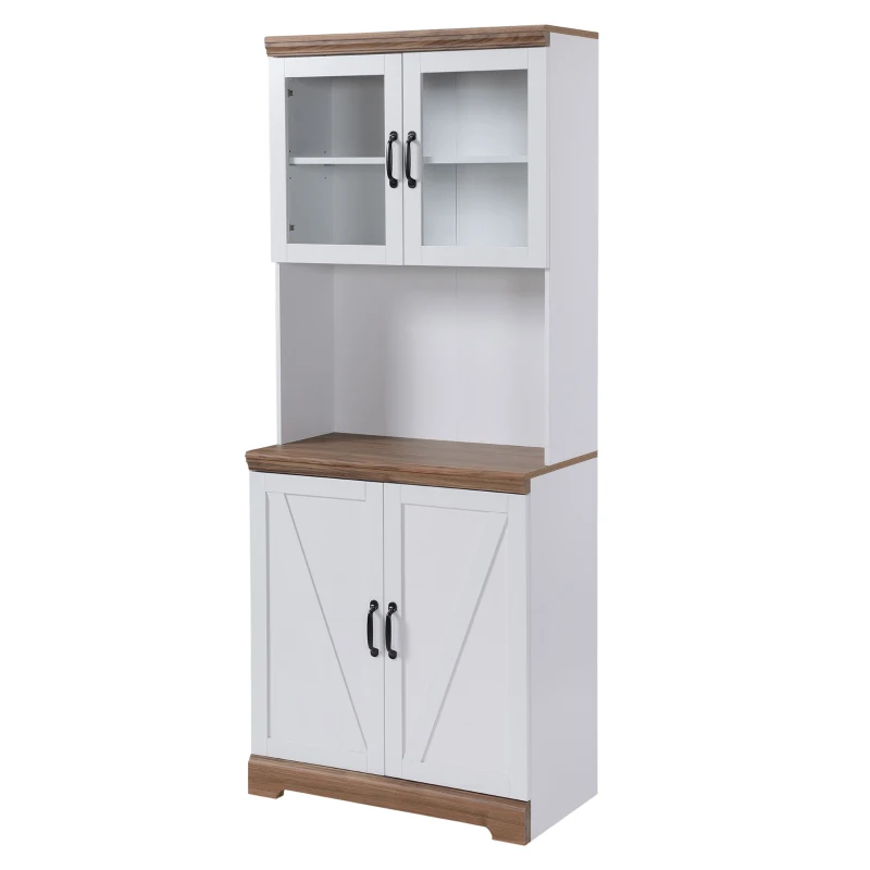 HOMCOM 70" Farmhouse Kitchen Buffet with Hutch, Kitchen Pantry Storage Cabinet with Glass Doors, Adjustable Shelves, Open Microwave Countertop, White