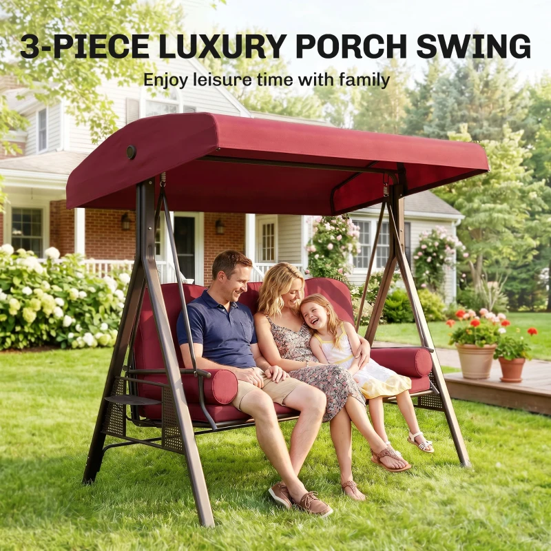 Outsunny Outdoor Patio 3-Person Steel Canopy Cushioned Seat Bench Swing with Included Side Trays & Padded Comfort, Wine Red