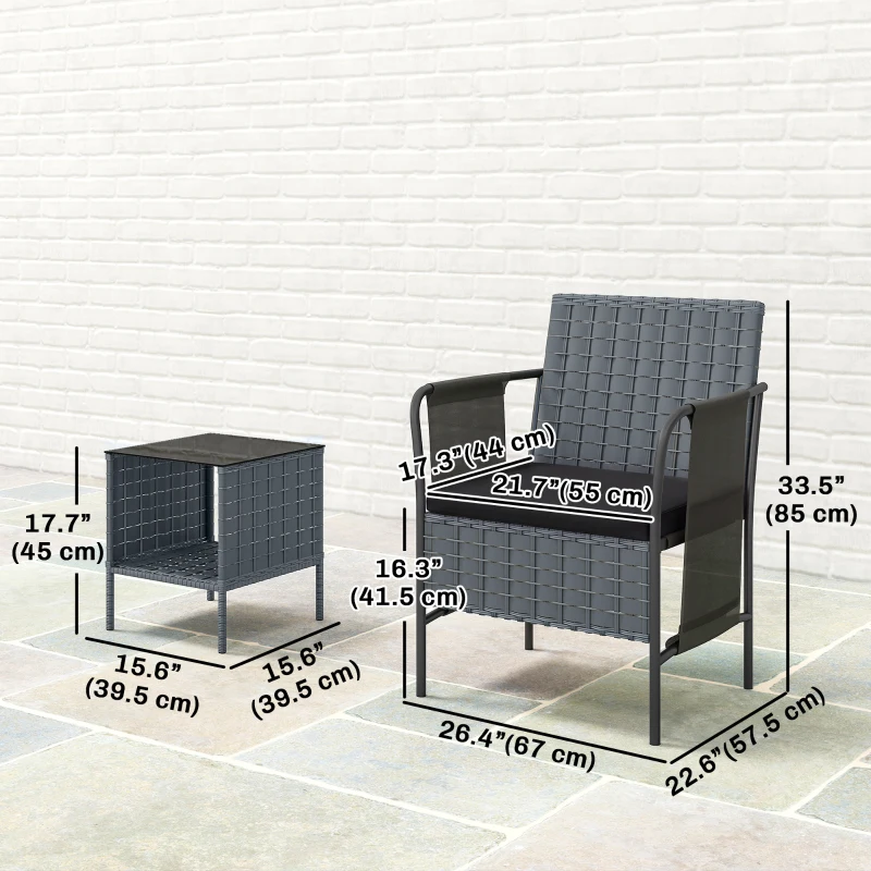 Outsunny 3 Piece Wicker Patio Furniture Set, Outdoor Bistro Set, Side Pockets, Mesh Seat, 2 Tier Glass Table, Cushions, Black