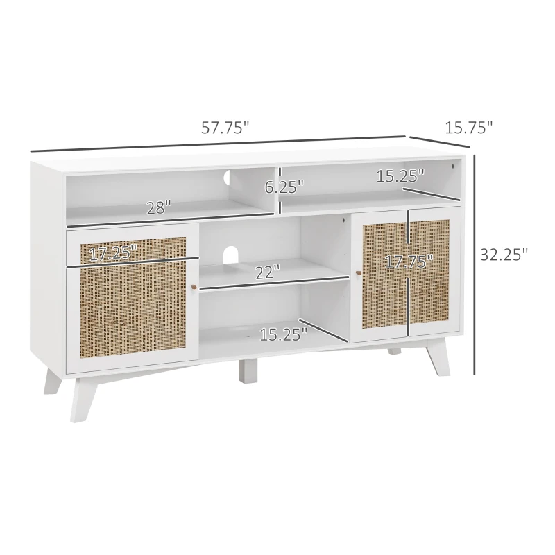 HOMCOM TV Stand Cabinet for 65-Inch, TV Table with 2 Rattan Doors, Television Stand with Adjustable Shelves, 4 Open Shelves