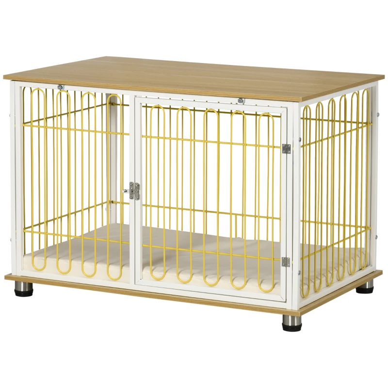 PawHut Dog Crate with Soft Washable Cushion, Lockable Front Door, for Small Medium Dogs, Oak