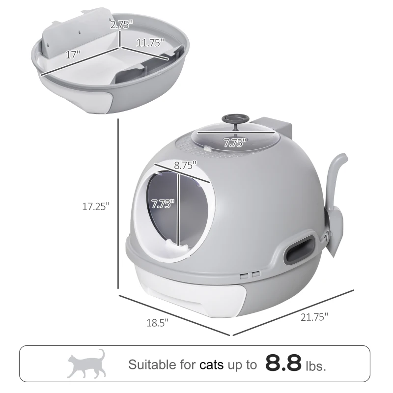 PawHut Cat Litter Box Toilet with Lid, Covered Litter Box with Scoop, Enclosed Drawer, and Skylight, Gray