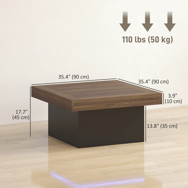 HOMCOM Square Coffee Table with 16-Colour LED Lights, 35-inch Modern Center Table for Living Room, Walnut