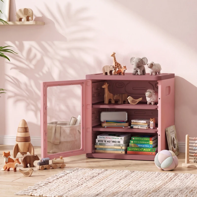Qaba Toy Storage Organizer, 3 Tier Adjustable Toy Storage Cabinet Dustproof HDPE Plastic, Transparent Door, Pink
