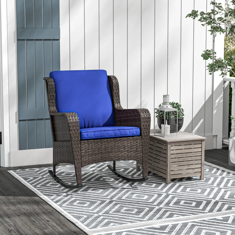 Outsunny Outdoor Wicker Rocking Chair, Rattan Rocker with Cushions, Steel Frame for Patio, Garden, Backyard, Dark Blue