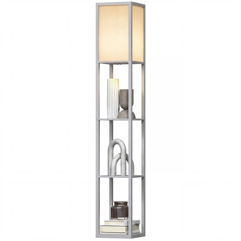 HOMCOM 3-Tier Floor Lamp, Standing Reading Light with Storage Shelves for Living Room, Bedroom, or Dining Room, Grey