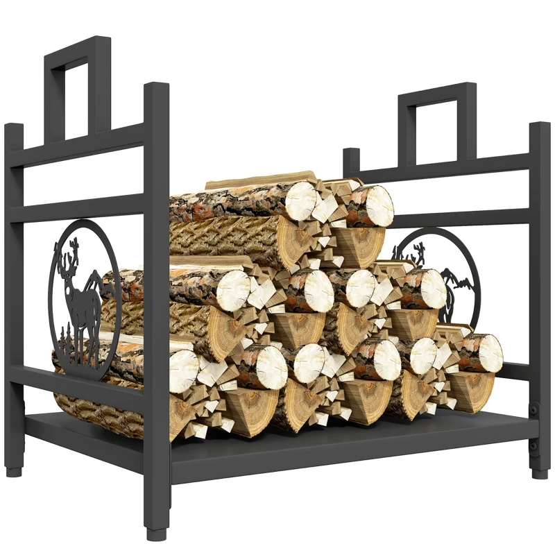 Outsunny Decorative Firewood Rack Outdoor Indoor Steel Wood Storage Log Holder with Side Handles, 19.7" x 13.4" x 17.7", Black