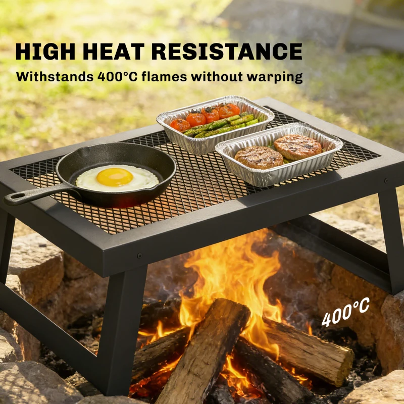 Outsunny Folding Campfire Grill, 22" x 12" Heavy Duty Carbon Steel Grill Grate with Folding Legs, Black
