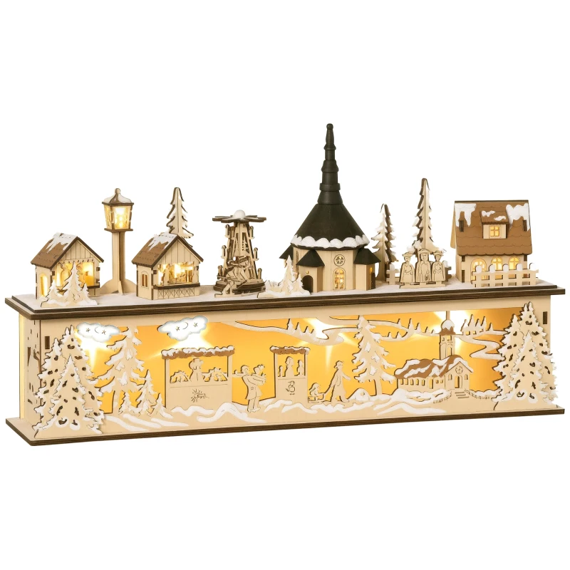 HOMCOM Desktop Christmas Decoration, Christmas Village Houses with Church, Windmill Battery Operated, Natural Wood