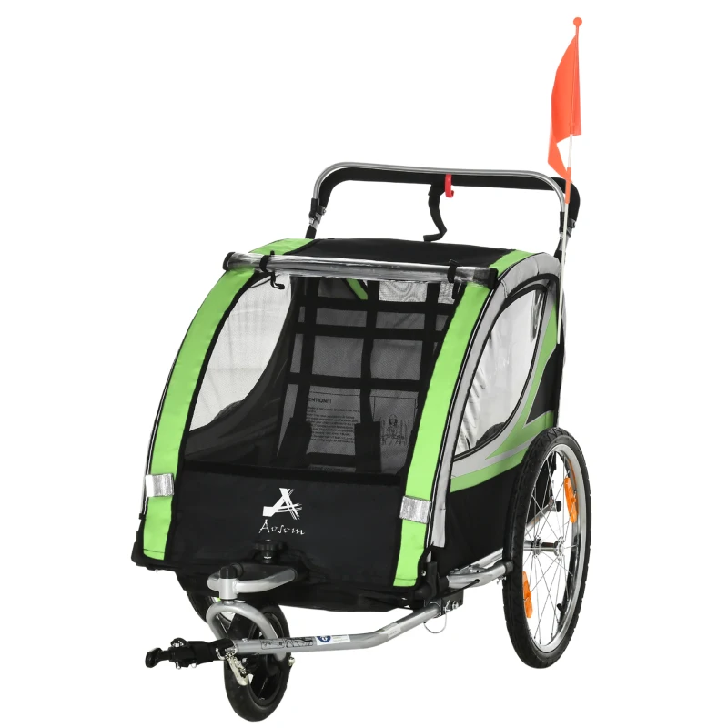 Aosom 2 Seat Bike Trailer for Kids 2-in-1 Double Baby Stroller with Handbrake, Rubber Wheels, 5 Point Harness, Waterproof Cover, Storage Bag, Reflectors, Green