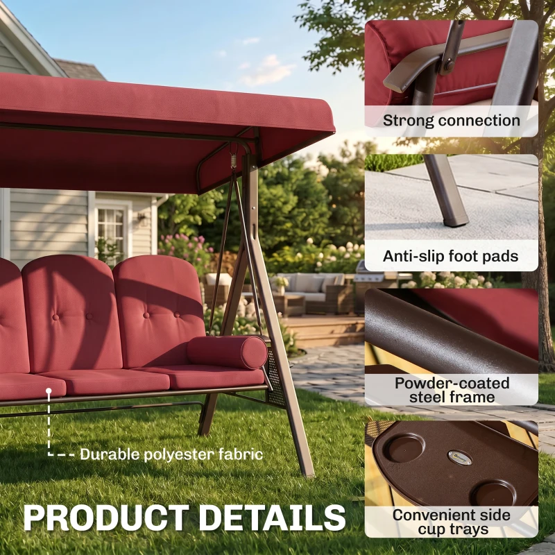 Outsunny Outdoor Patio 3-Person Steel Canopy Cushioned Seat Bench Swing with Included Side Trays & Padded Comfort, Wine Red
