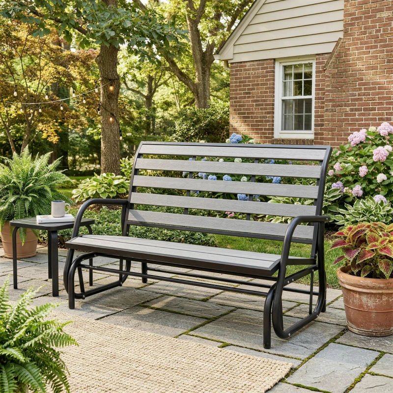 Outsunny 2 Person Outdoor Glider Bench, Patio Glider Loveseat with Faux Wood Slatted Seat and Back, Steel Frame, Grey