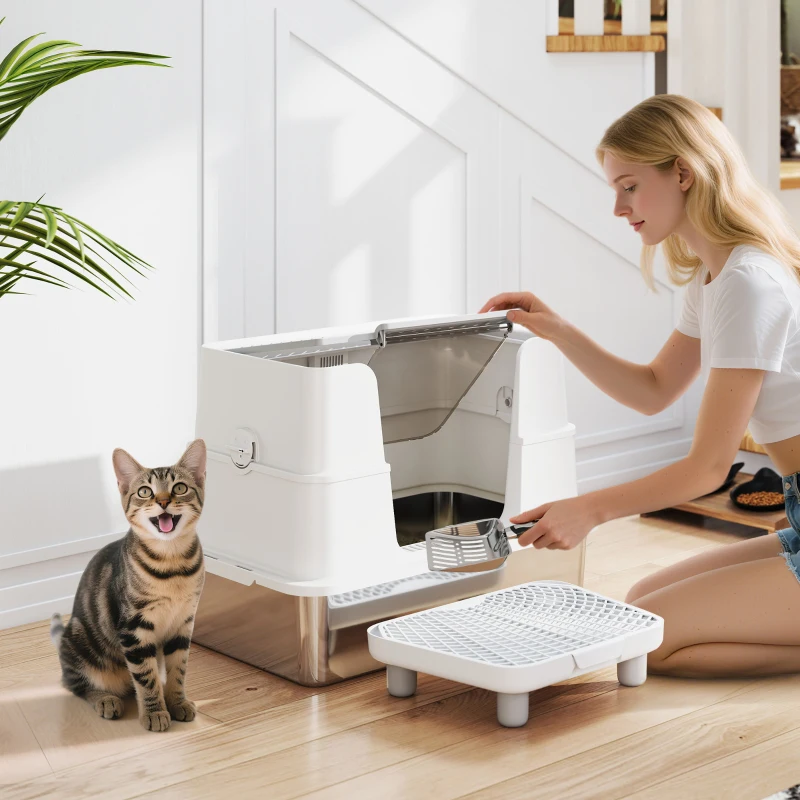 PawHut XL Stainless Steel Litter Box w/ 100° Flip Top, Scoop, Step, Top & Side Entry Enclosed Litter Box for Big Cats