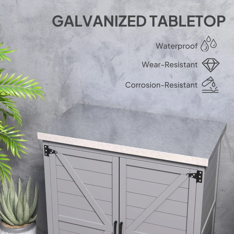Outsunny Wooden Storage Cabinet, Outdoor Prep Table with Metal Tabletop, Shelves and Double Doors for Patio, Garden, Gray