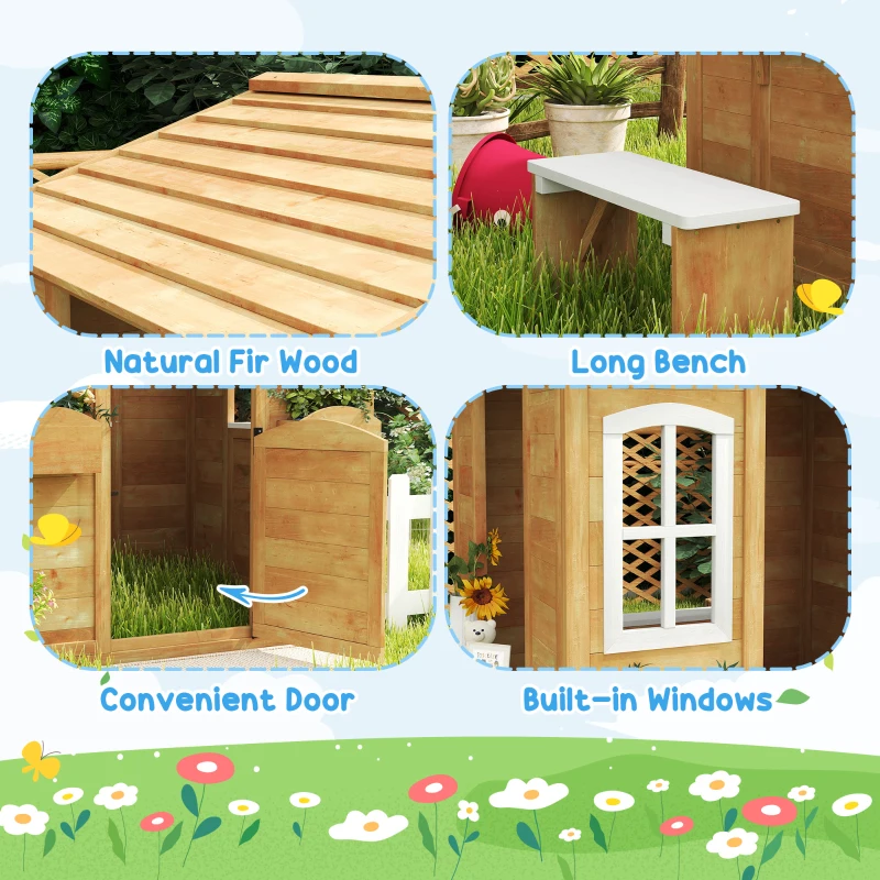 Outsunny Outdoor Playhouse for Kids Wooden Cottage with Working Doors Windows & Mailbox for Age 3-6 Years, Natural Wood