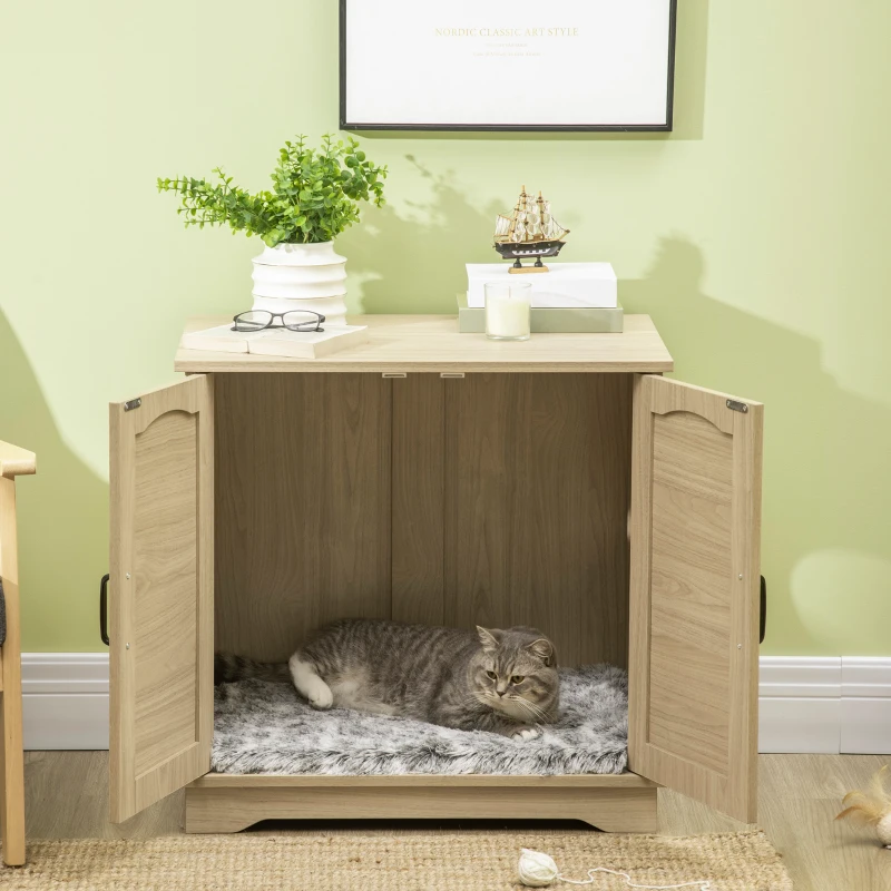 PawHut 3-in-1 Cat Litter Box Furniture Hidden, Cat Cabinet Bed, End Table with Rattan, Kitty Bed with Plush Foam Cushion, Modern Cat Bedding House with End Table Use, Oak