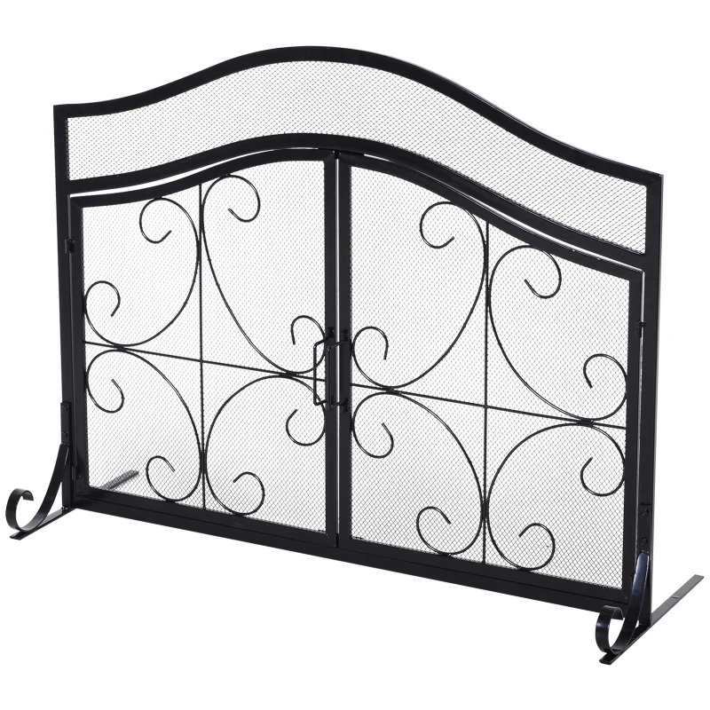 HOMCOM Safety Fireplace Screen Protector with Decorative Scroll Design, 2 Magnetic Doors and Steel Frame, 44" x 33", Black