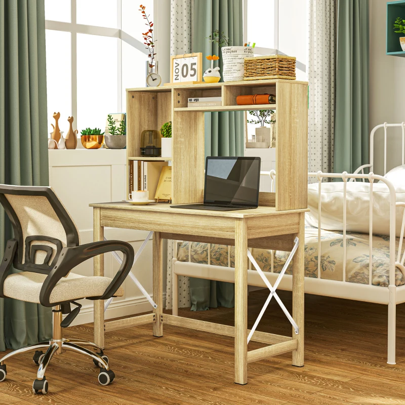 HOMCOM Computer Desk with Hutch, Home Office Table with Storage Shelves and Open Compartments for Writing, Work, Oak