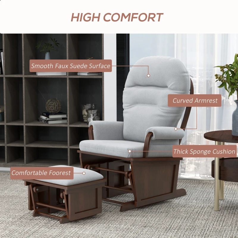 HOMCOM Rocking Chair Set with Ottoman, Nursery Glider Rocker with Footrest, Padded Cushion Seating and Wood Base, Light Gray