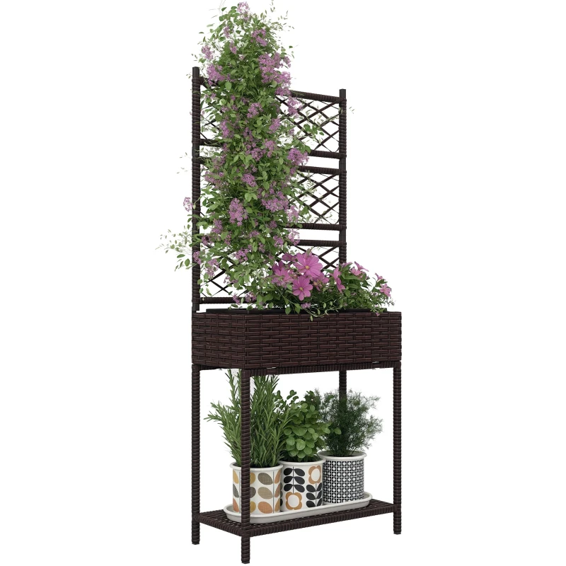 Outsunny Outdoor Wicker Planter with Trellis for Climbing Plants, Freestanding Rattan Garden Box with Storage Shelf, Brown