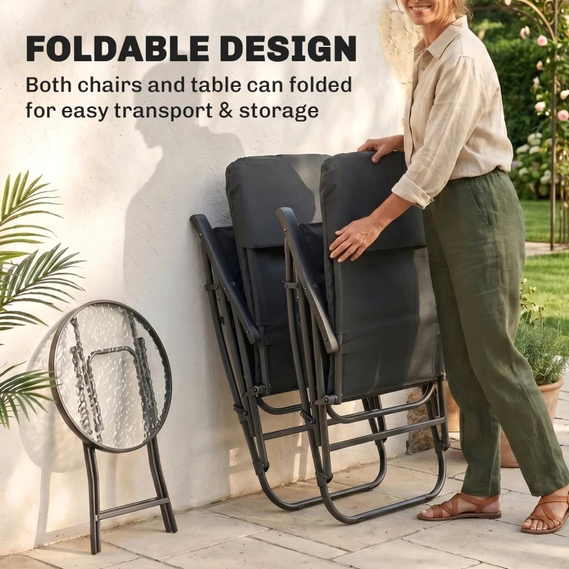 Outsunny 3pc Patio Foldable Rocking Chair Set, Outdoor Rocking Chairs and Table Bistro Set w/ Padded Seat, Headrest, Backrest for park, backyard, garden, Red