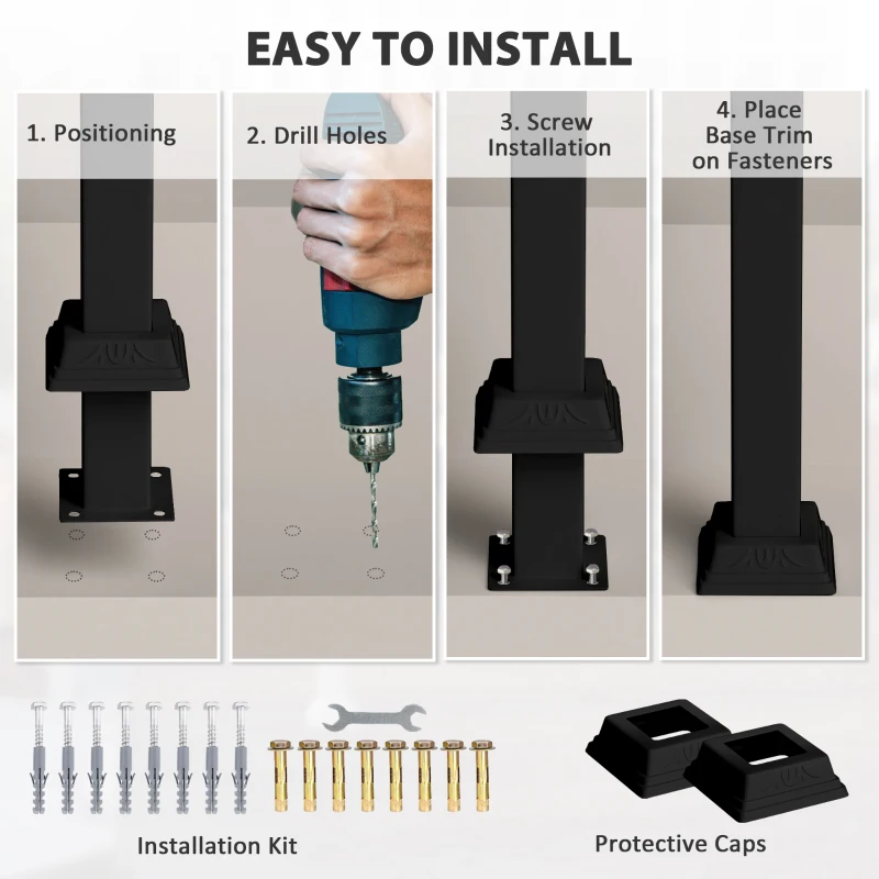Outsunny 2-3 Step Handrails for Outdoor Steps, Metal Outdoor Stair Railing, Porch Deck Railing with Installation Kit, Black