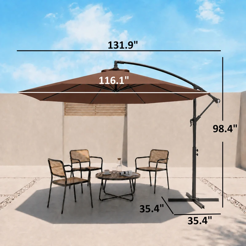 Outsunny 10' Cantilever Hanging Tilt Offset Patio Umbrella w/ UV & Water Safe Material & Cross Base (Weight Not Included), Brown