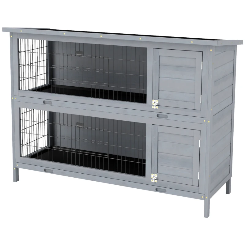 PawHut 2 Tier Wooden Rabbit Hutch Bunny Pet House Wooden Coop Run, Grey