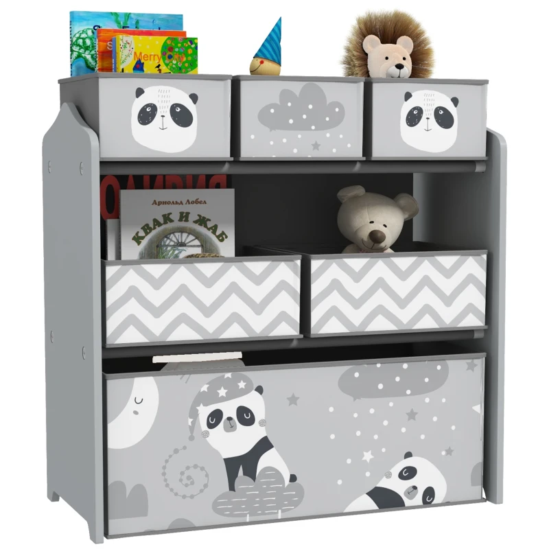 Qaba Toy Storage Organizer with 6 Storage Bins and 3-Tier Bookshelf, Toy Storage Shelf for Bedroom, Animal Design, Gray