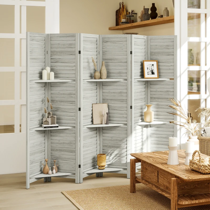 HOMCOM 6 Panel 67" Tall Wood Privacy Screen Room Divider with 3 Shelves and Folding Storage for Bedroom, White