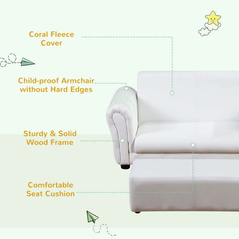 Qaba Kids Sofa Set with Footstool for Toddlers and Babies, White