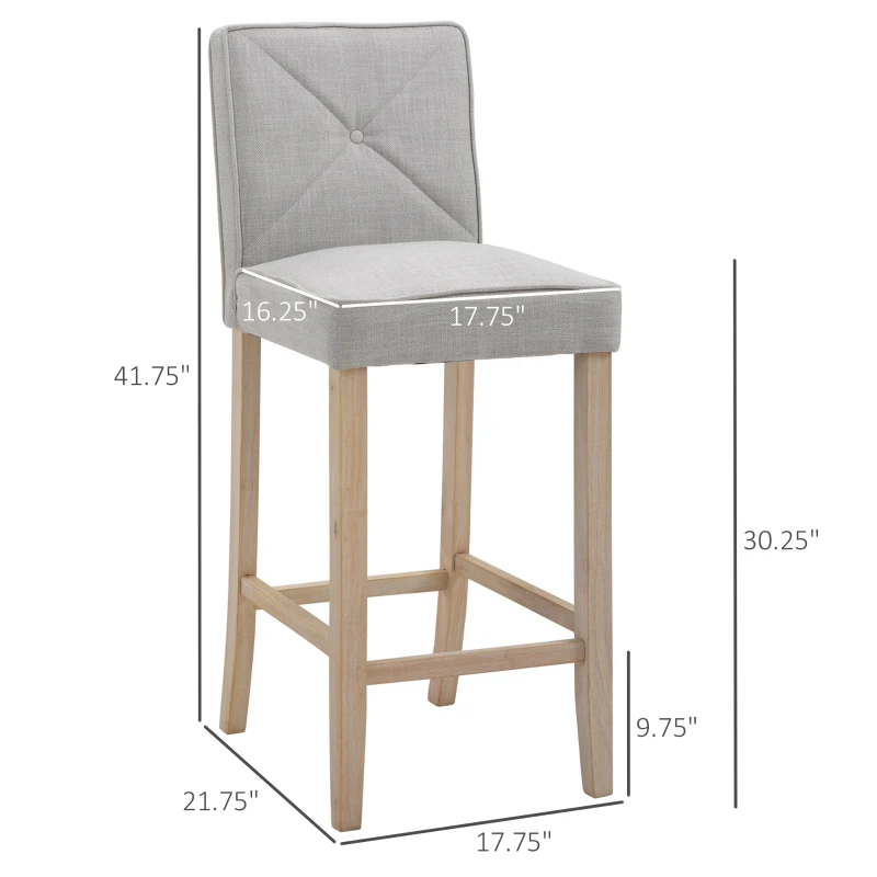 HOMCOM Bar Stools Set of 2, Upholstered Bar Height Kitchen Stools with Build-in Footrest, Solid Wood Legs, Beige