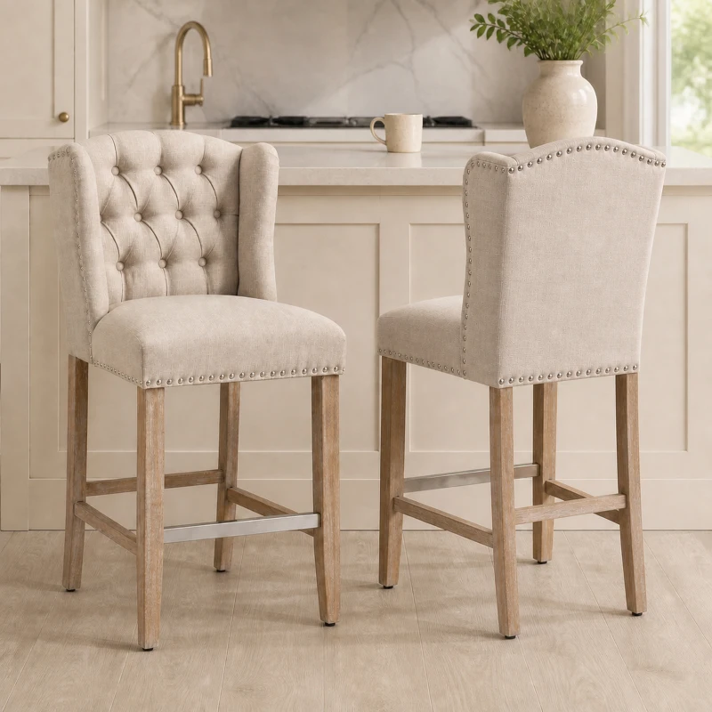 HOMCOM Counter Height Bar Stools Set of 2, 27" Seat Height Upholstered Barstools, Farmhouse Kitchen Island Stools with Nailhead-Trim, Tufted Back and Wooden Legs, Beige