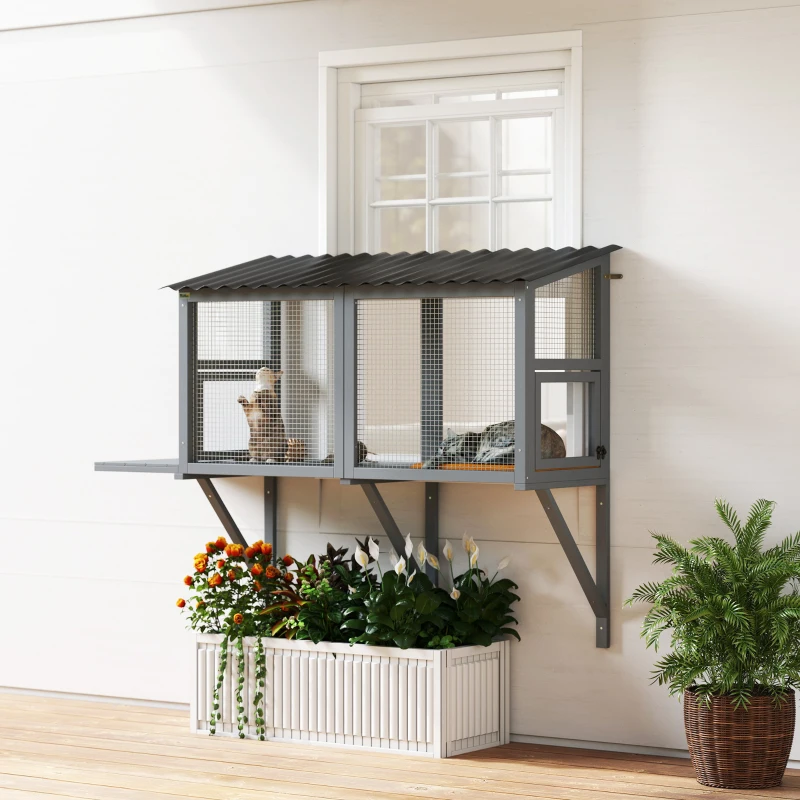 PawHut Wooden Cat Catio, Outdoor Cat Enclosure Window Perch with Jumping Platform, for Safely Enjoying Outdoor Sights, Gray