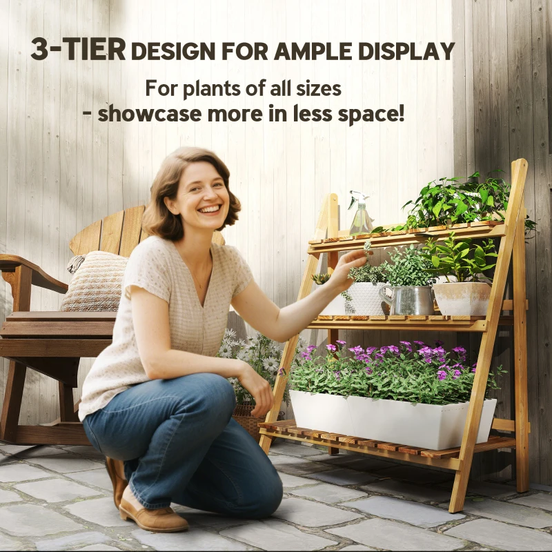 Outsunny Outdoor Plant Stand, Foldable 3-Tier Wooden Plant Shelf