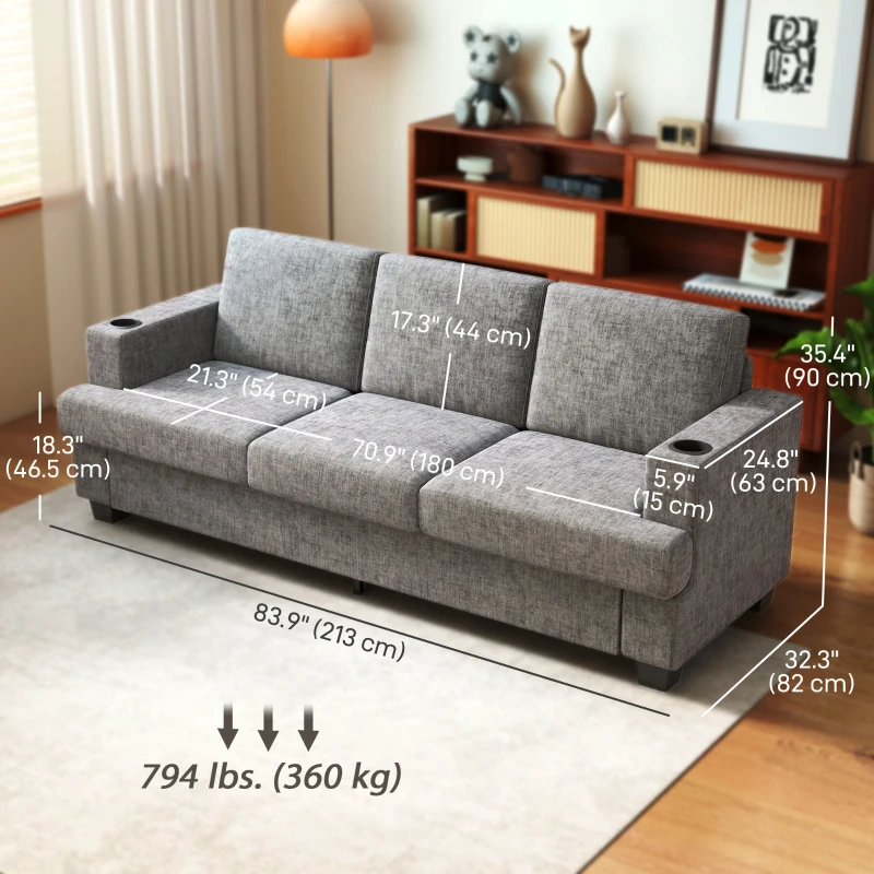 HOMCOM 3 Seater Sofa with USB Ports & Cup Holders, Chenille-Feel Upholstered Couch for Living Room, Grey