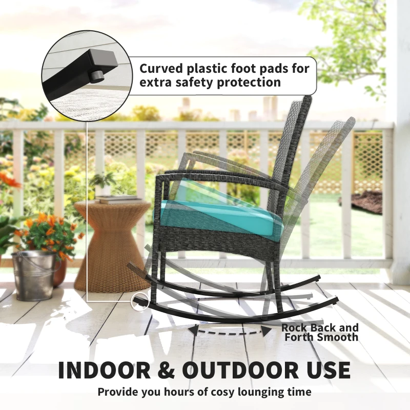 Outsunny Outdoor Rocking Chair, Patio Wicker Chair Removable Cushion, High Back and Armrests for Porch Balcony, Turquoise