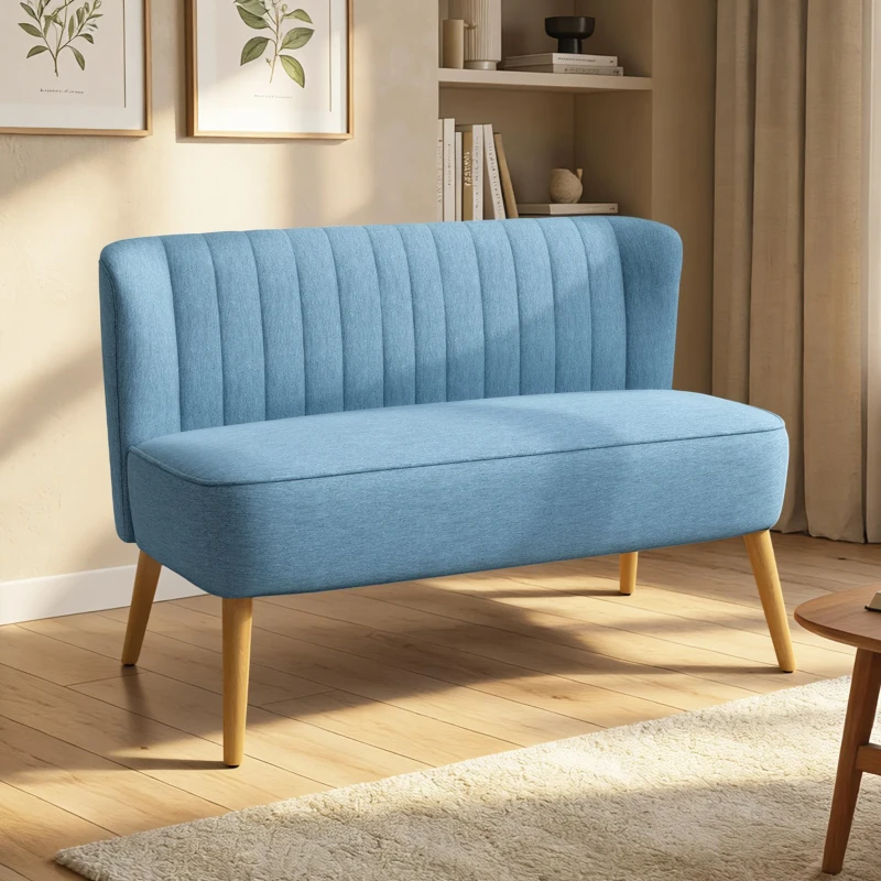 HOMCOM 2 Seat Sofa, Upholstered Loveseat Sofa with Rubber Wood Legs, Blue