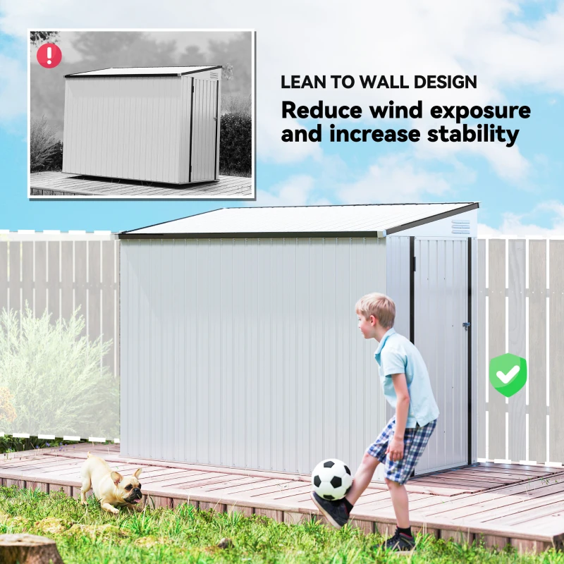 Outsunny 4' x 8' Outdoor Storage Shed Lean to Shed Outdoor Metal Tool Shed with Lockable Door and Air Vents, White