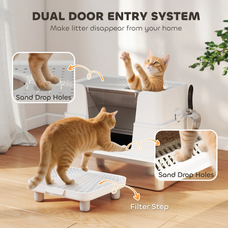 PawHut XL Stainless Steel Litter Box w/ 100° Flip Top, Scoop, Step, Top & Side Entry Enclosed Litter Box for Big Cats