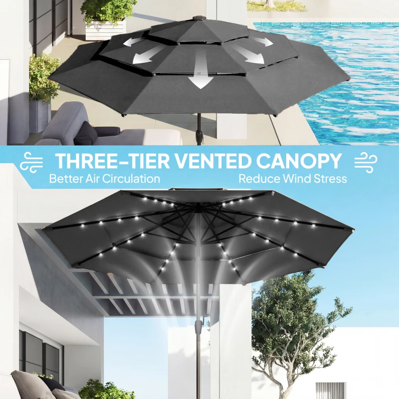 Outsunny 9.7 ft Outdoor Patio Umbrella with Solar LED Lights, 3 Tier Outdoor Table Umbrella with Tilt, Crank, Black