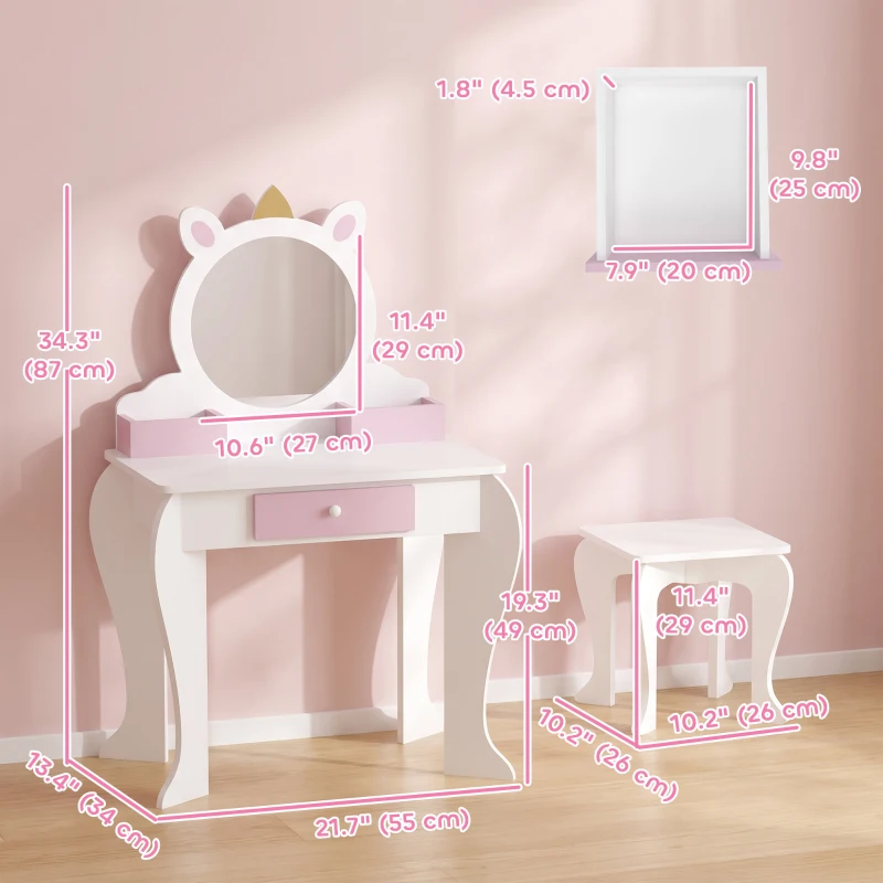Qaba Kids Makeup Vanity Set with Stool, Mirror, Drawer, Storage Boxes, Unicorn Design, White
