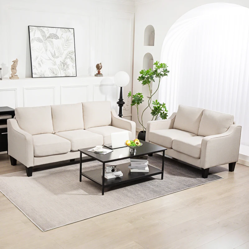 HOMCOM Loveseat Sofa, Modern Couch with Pocket Spring, Linen Upholstered, Thick Padded, Beige