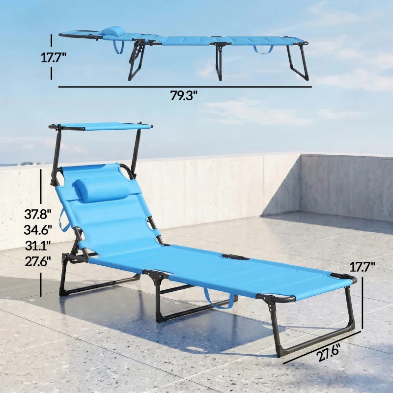 Outsunny 2 Pcs Outdoor Lounge Chair, 4 Position Adjustable Backrest, Folding, Cushioned w/ Sun Shade Roof & Pillow, Blue