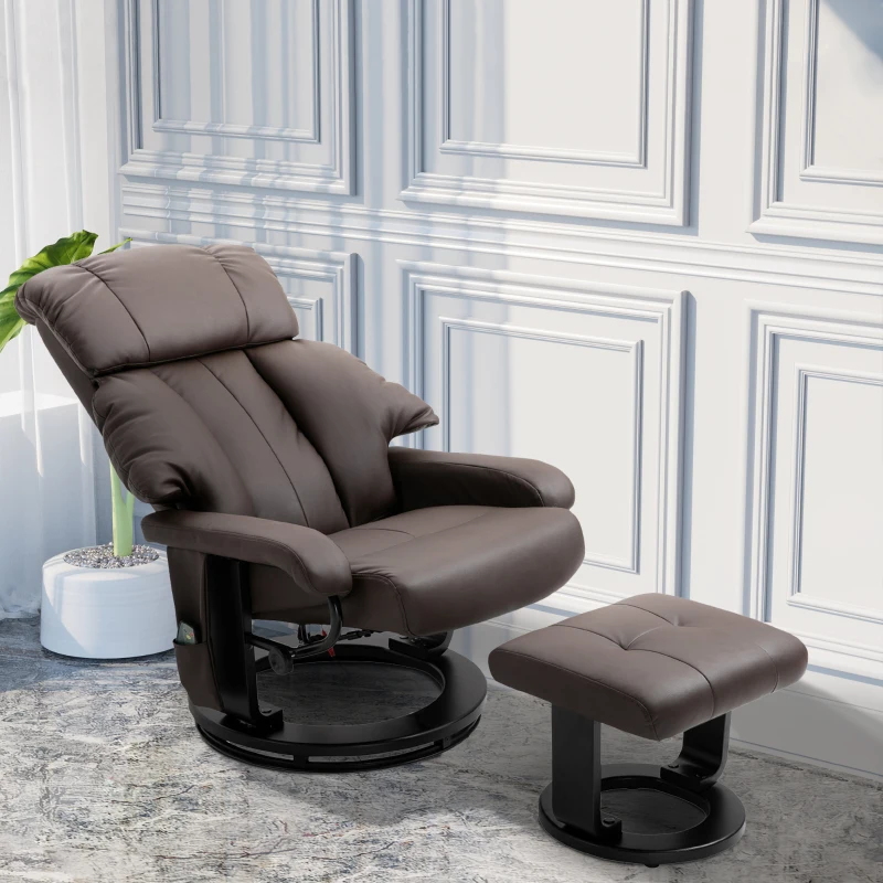 HOMCOM Massage Recliner Chair with Ottoman, 360° Swivel Recliner and Footstool, PU Leather Reclining Chair with Side Pocket and Remote Control, Brown