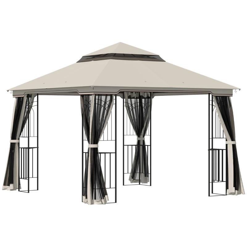 Outsunny 10'x10' Soft-top Patio Gazebo with Double Tier Roof, Mesh Curtains, Display Shelves, Top Hooks, Beige